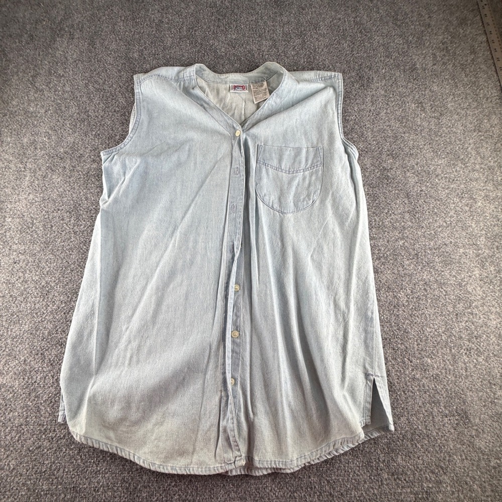 Backroad Blues Womens Large Sleeveless Denim Shirt Light Wash Blue Cotton V-Neck